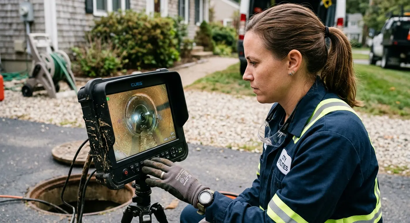 Technician reviewing sewer camera inspection footage in Boulder Creek