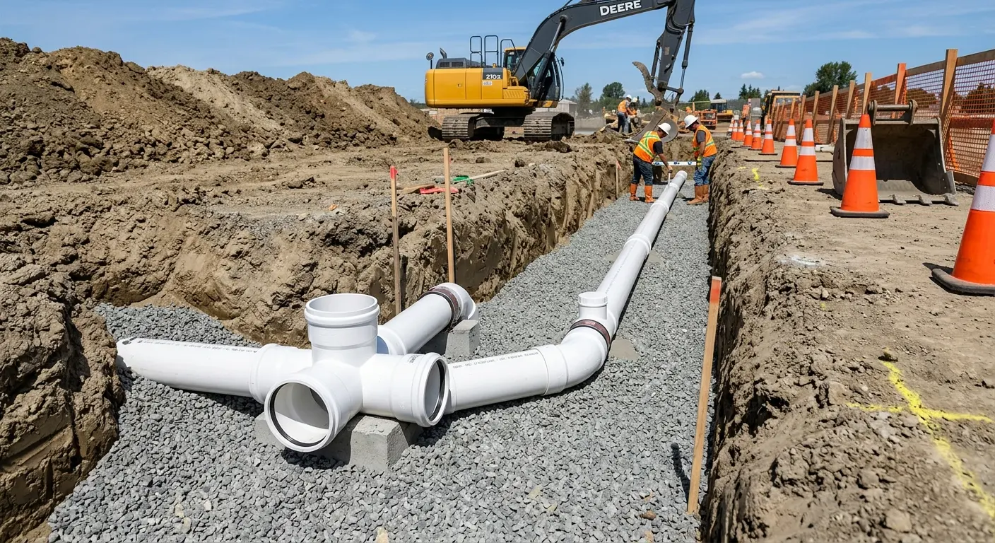 New PVC sewer pipe installation in open trench for Sewer Backup in Boulder Creek