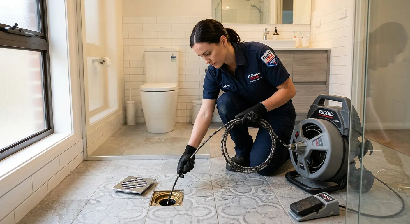 Technician clearing a bathroom floor drain for Drain Cleaning in Boulder Creek